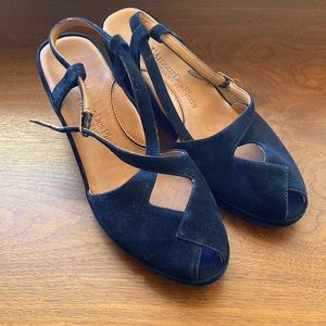 L’amour Des Pieds peep toe suede wedge.